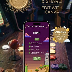 Editable Gamer Birthday Invitation, Pixel Art Electronic Invite, Retro Video Game Smartphone Invitation Template, Kids Birthday Canva