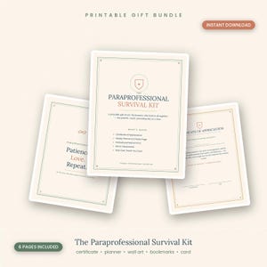 Paraprofessional Gift Printable Bundle, Appreciation Certificate, Weekly Planner, Wall Art, Bookmarks, Thank You Card, Instant Download