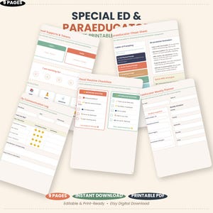 Può includere: Un set stampabile di nove pagine per l'educazione speciale e gli assistenti, con supporti visivi, tabelle di token, liste di controllo per le routine, registri di comunicazione e pianificatori settimanali con layout a colori.