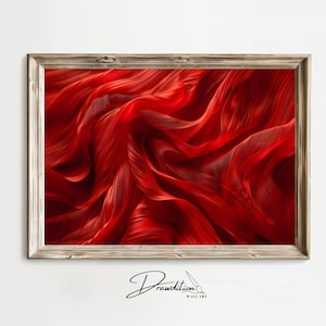 Puede incluir: Impresión de arte abstracto con un patrón de remolinos y flujos de tonos rojos y naranjas. La impresión está enmarcada en un marco de madera rústico.