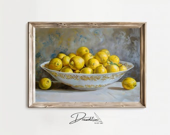 May include: A white porcelain bowl with gold trim filled with a large group of yellow lemons. The bowl is sitting on a white surface with a light gray background.