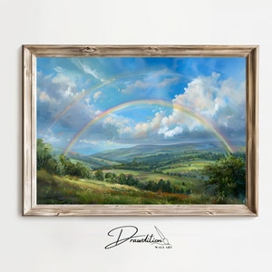 Può includere: Un dipinto che rappresenta un doppio arcobaleno sopra una valle verde lussureggiante con colline e alberi. Il cielo è blu con nuvole bianche.