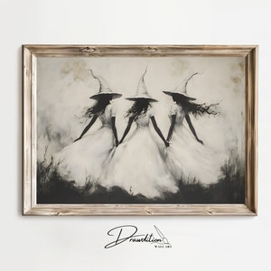 White Witches Dancing Wall Art DIGITAL DOWNLOAD Neutral Halloween Witch Painting Fall Decor Autumn Trio of Witches Halloween Artwork