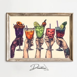 Halloween Bar Art DIGITAL DOWNLOAD Halloween Cheers Print Halloween Cocktail Artwork Spooky Aesthetic Bar Decor Halloween Bar Cart Drawing