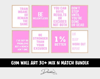 Megapaquete de Arte para Pared de Gimnasio DESCARGA DIGITAL 2 Conjuntos de 30 Láminas Imprimibles para Decoración de Gimnasio en Casa Arte Motivacional Arte Rosa para Gimnasio Arte Fitness