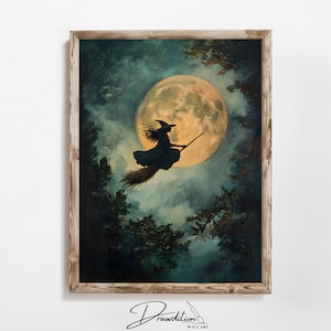 Halloween Hexe Wand Kunst DIGITAL DOWNLOAD Hexe Malerei Hexe Auf einem Besen Kunstwerk Herbst Dekor Herbst Klassische Halloween Hexe Fliegen Druck