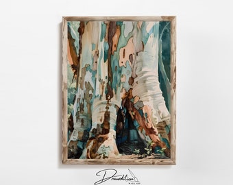 May include: A watercolor painting of a tree trunk with a unique, colorful, and textured bark pattern. The bark is a mix of blue, green, brown, and white. The tree is in a natural setting with green foliage in the background.