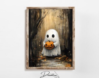 May include: A white ghost holding an orange jack-o'-lantern in a dark forest setting.