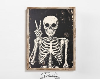 Skeleton Wall Art DIGITAL DOWNLOAD Retro Skeleton Peace Sign Artwork Fall Decor Goth Print Autumn Halloween Print Funny Halloween Art