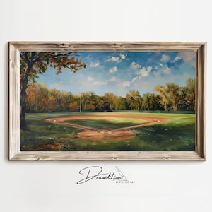 May include: A framed painting of a baseball field in the fall. The field is surrounded by trees with fall foliage. The sky is blue with white clouds. The painting is in a rustic wooden frame.