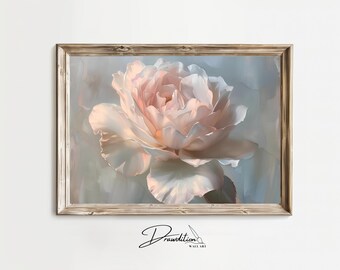 May include: A framed painting of a single, pale pink rose with a soft, blurred background. The rose is in focus and appears to be illuminated by sunlight. The frame is a light wood colour.