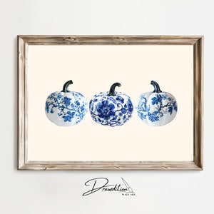 Drei Blau-Weiße Kürbis Wand Kunst DIGITAL DOWNLOAD Herbst Kürbis Foto Herbst Kunst gemusterten Kürbis Herbst Wohnkultur Thanksgiving Print