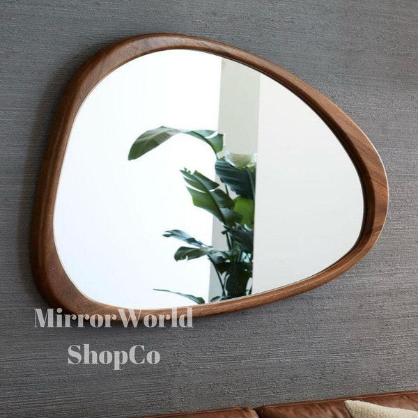 Walnut Wood Mirror, Oak Wall Mirror, Asymmetrical Mirror, Irregular Mirror, Mid Century Mirror, Solid Wood Framed Mirror, Asymmetric Mirror