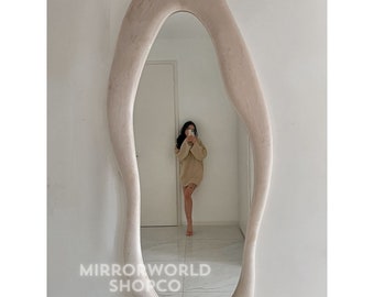 Asymmetrical Full Length Mirror, Wavy Velvet Frame, Floor Mirror