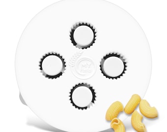 May include: White plastic pasta maker with four round molds and the text "My Pasta" in a circle with a wheat stalk design.  Five pieces of cooked pasta are in the foreground.