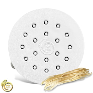 May include: White plastic pasta drying rack with holes. The rack has a logo that says "My Pasta" with a wheat stalk design. A bundle of spaghetti noodles is next to the rack.