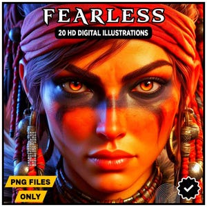 Fearless: 20 HD Tribal Warrior Woman Digital Art Prints | PNG Files | Instant Download | Powerful Decor for Office, Room, Gaming Space