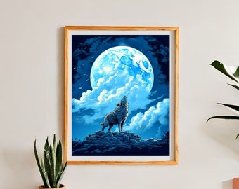 Wolf Howling at Moon Art Print: Modern Wildlife Illustration (Digital Download)