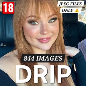 May include: A woman with red hair and green eyes smiles at the camera. The image includes text that says "844 IMAGES" and "DRIP" in large white letters. The top right corner has text that says "JPEG FILES ONLY!" and the top left corner has the number "18" in a red box.