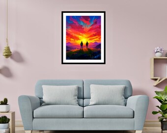 May include: Two figures stand silhouetted against a vibrant sunset, with a colorful sky filled with clouds and a mountain range in the background.