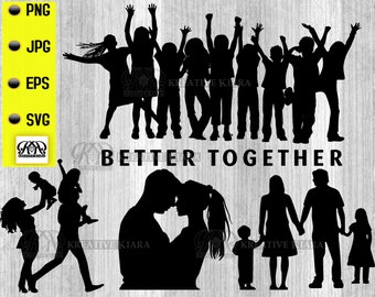 Silhueta "Melhor Juntos", Silhueta de Família em SVG, Amor em Família, amor familiar, clipart de silhuetas, família, silhuetas pretas, clipart de família