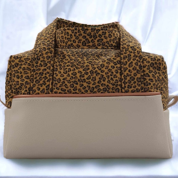 Grande trousse de toilette léopard en coton et simili cuir pour femme