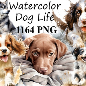Dogs Life Clipart colored Printable Watercolor clipart High Quality PNG Digital download, Paper crafts, junk journals PNG