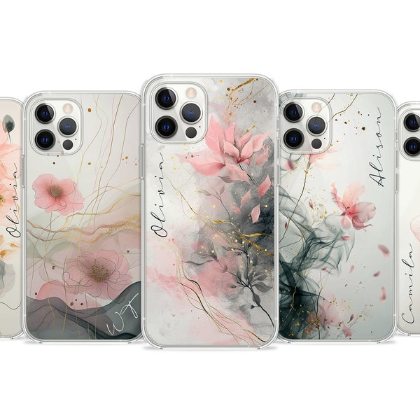 Floral Phone Case with Personalized Name Word Custom Botanical Blossom Phone Cover for iPhone Samsung TPU Ultra Thin Gel Case