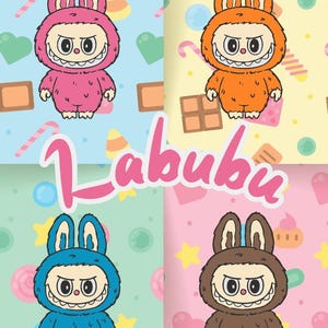 Labubu Cute Design background, 4 colors PNG PDF SVG Cute Labubu Poster | Kawaii Print for Kids Room Cartoon Wall Art | Collectible Art Gift