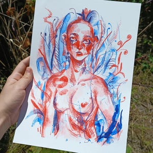 Rumore - illustrazione del risografo. Stampa d'arte/donna e poesia di fiori/piante/acquerello bicolore