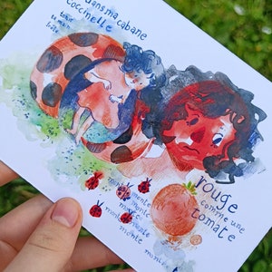 Coccinelle - illustration format carte postale . Impression d'art recto verso papier épais/ décoration/ aquarelle / mignon/ print insecte