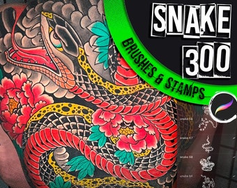 300 Snake Tattoo Procreate Brushes: Japanese Hebi Stamps | Tattoos