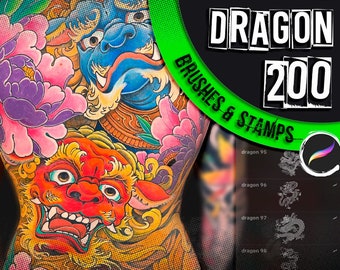 200 Dragon Tattoo Stamps & Brushes: Procreate iPad Set