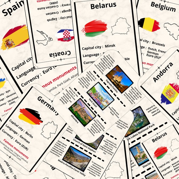 Double-sided cards of European countries | Instant download | Knowledge of geography | Tips for monuments | PDF |