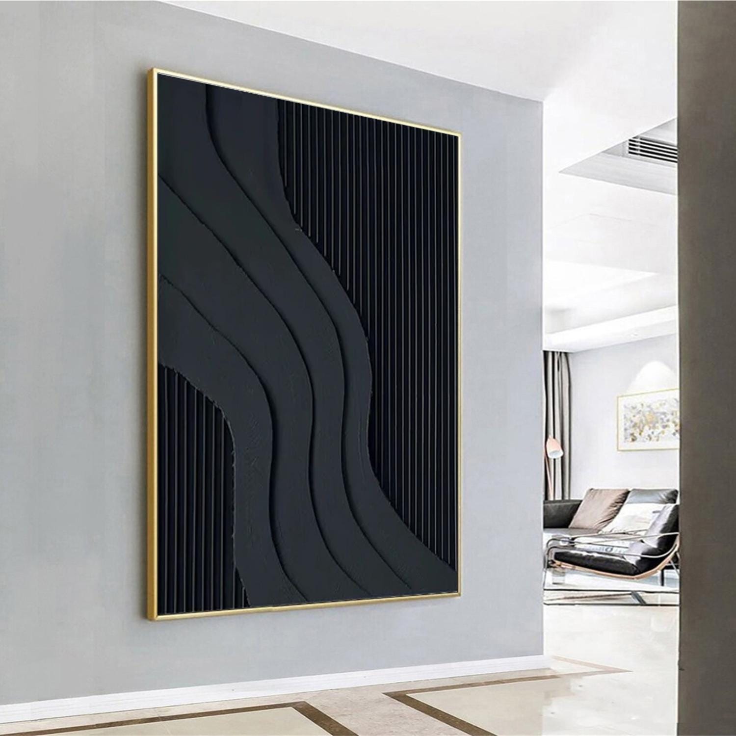 Black 3D Textured Plaster Painting, Large Black Wall Hangings Art