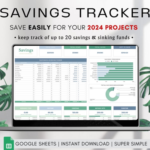 Sinking Funds Tracker, Savings Tracker Dashboard, Sinking Funds Worksheet, Cash Savings Spreadsheet Template, Google Sheets Savings Planner