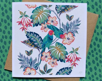 Tropical parakeets square greeting card with brown Kraft envelope.