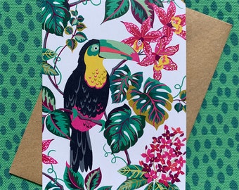 Tropical toucan greeting card with brown Kraft envelope.