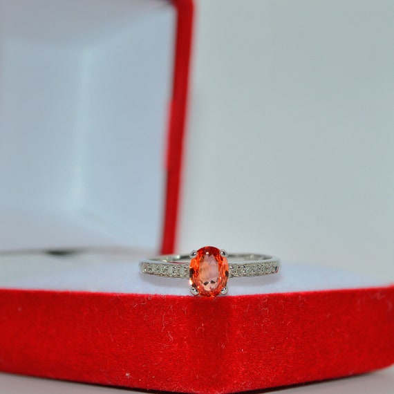 9ct White Gold - Orange Sapphire & Diamond Ring - image 3