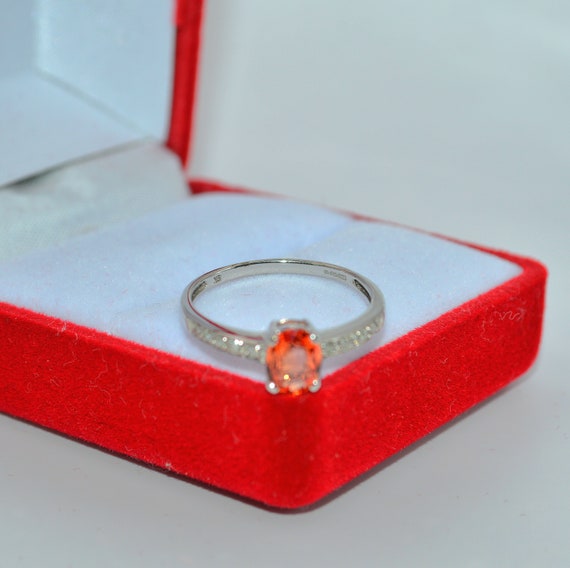 9ct White Gold - Orange Sapphire & Diamond Ring - image 4