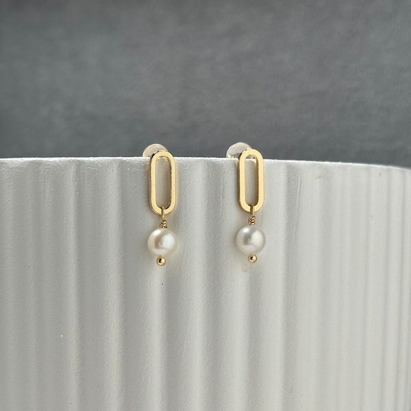 Boucles d'oreille fines et minimalistes, perles de culture d'eau douce, plaqué or jaune 14 ct