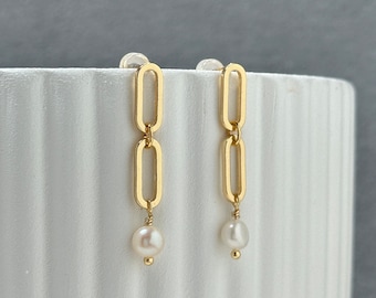 Fine, minimalist earrings, freshwater cultured pearls, 14k yellow gold plated