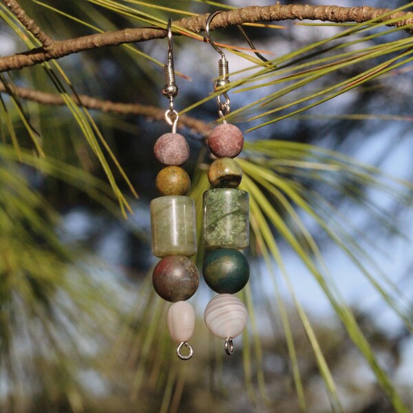 Jasper, Rhyolite, Quartz, and Agate Dangle Earrings//Dangle Earrings//Mixed Gemstone Earrings