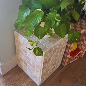 Travertine Stone Cube Table: Natural Mosaic Minimal Side Stand
