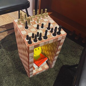 Handmade Marble Chess Side Table, Tiled Accent Table with Storage