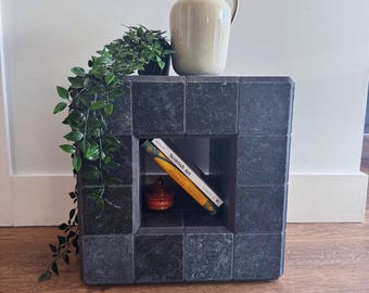 Cube Tiled Accent Table Black Grey Marble: Square Polished Natural Stone with Storage