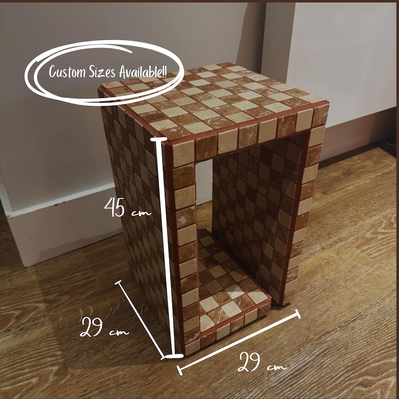 Handmade Marble Chess Side Table, Tiled Accent Table with Storage
