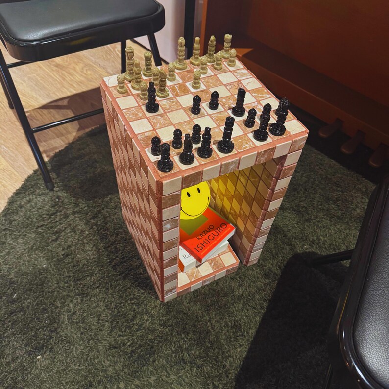 Handmade Marble Chess Side Table, Tiled Accent Table with Storage