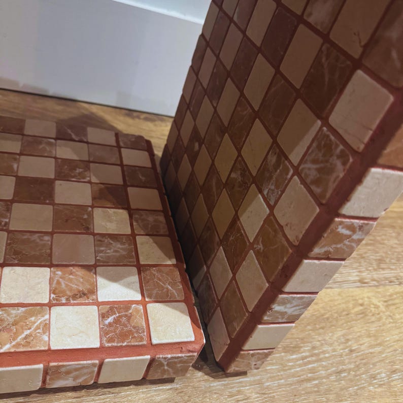 Handmade Marble Chess Side Table, Tiled Accent Table with Storage