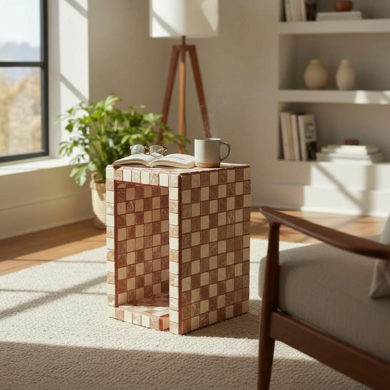 Handmade Marble Chess Side Table, Tiled Accent Table with Storage